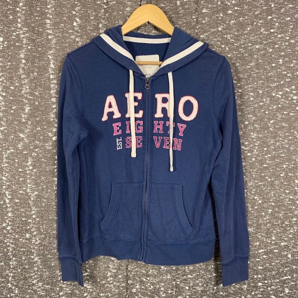 Aeropostale Womens Navy Blue Aero 87 Graphic Full Zip Hoodie Sweatshirt Size M